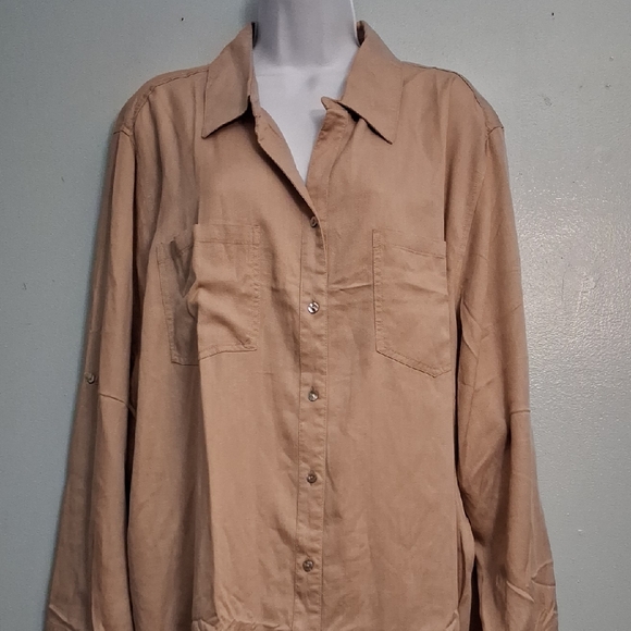 Hesters&Orchard size 2X women's khaki tencel button long sleeve/roll tab shirt. - Picture 1 of 17